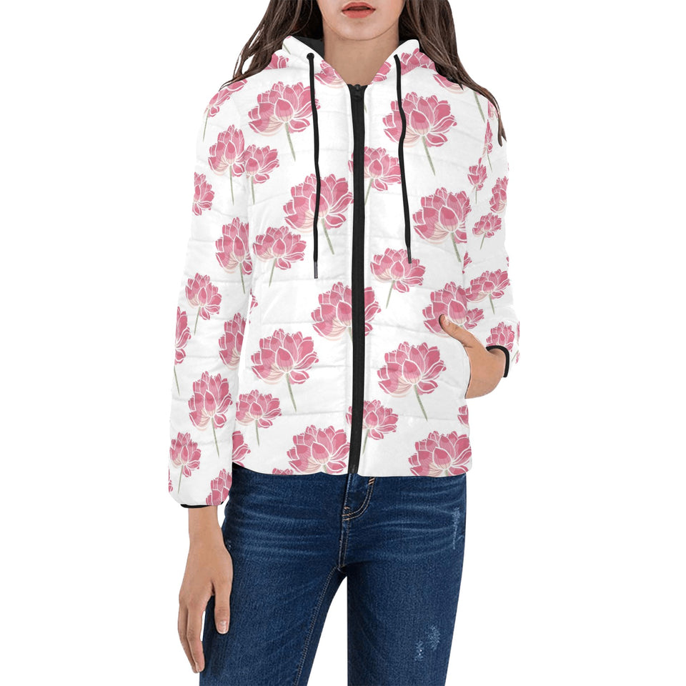 Pink lotus waterlily pattern Women's Padded Hooded Jacket