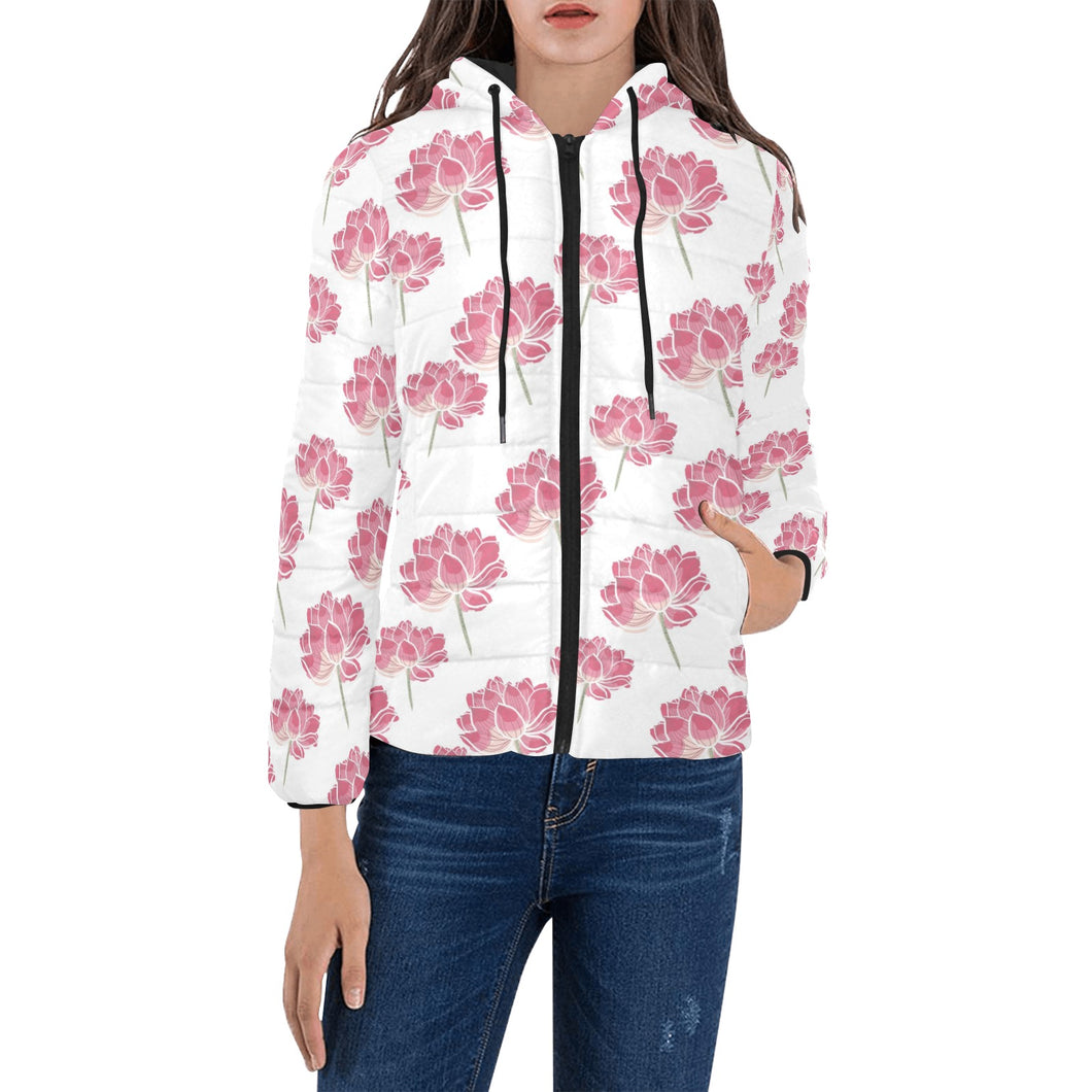 Pink lotus waterlily pattern Women's Padded Hooded Jacket