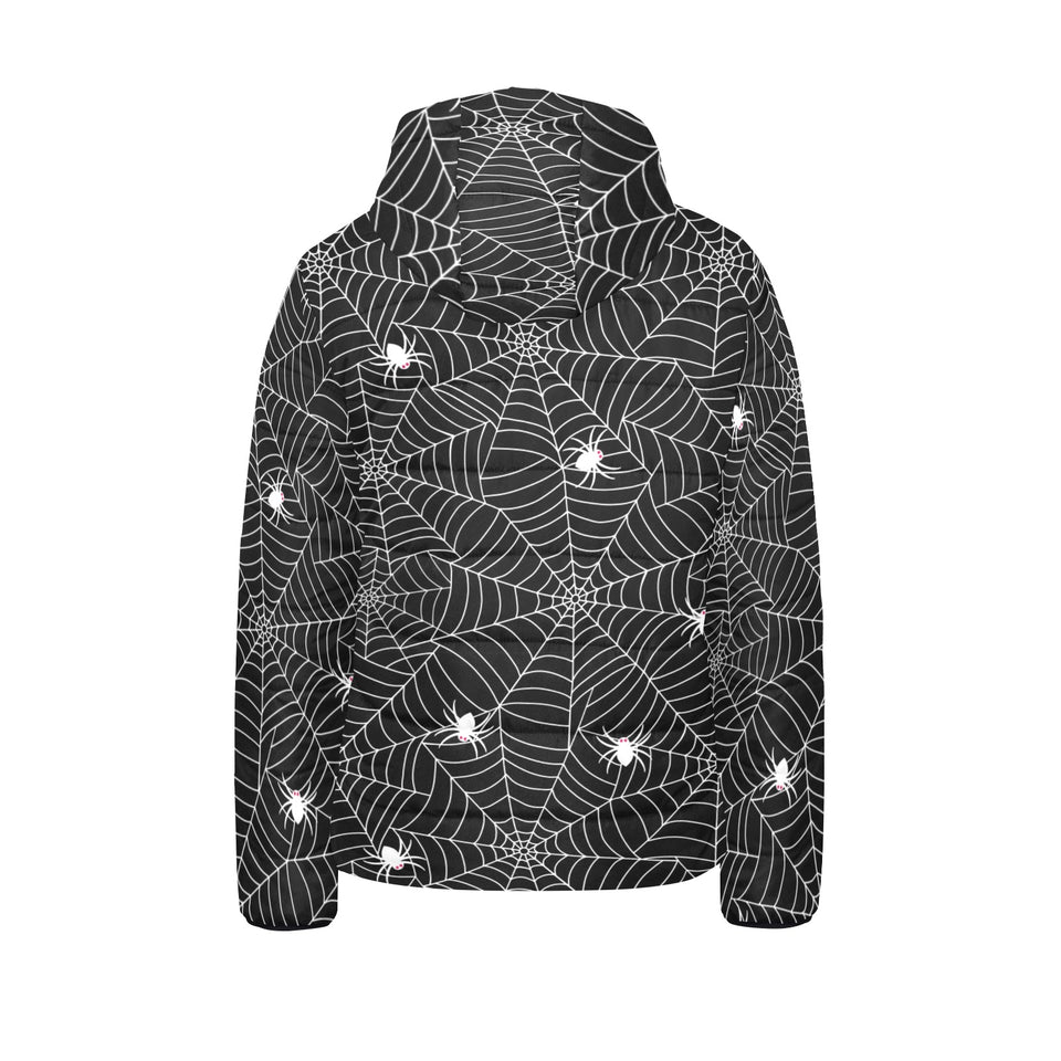 Spider web design pattern Black background white c Kids' Boys' Girls' Padded Hooded Jacket