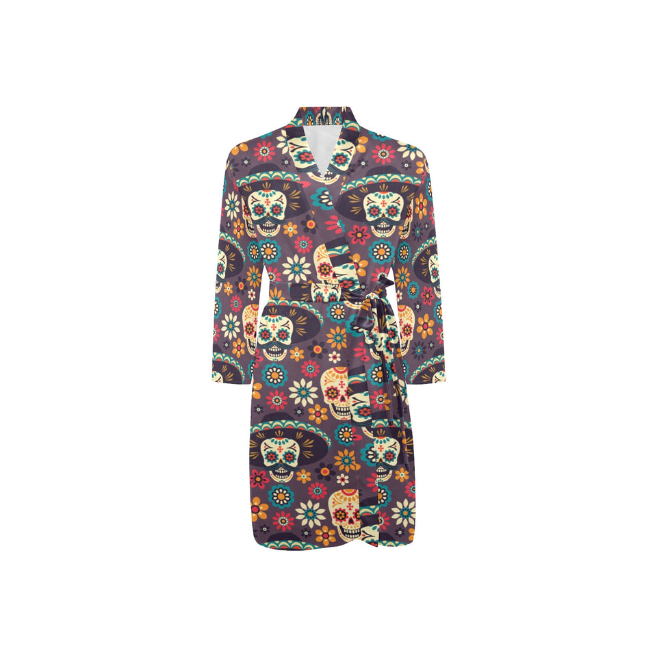 Sugar skulls flower maxican pattern Men's Long Sleeve Belted Night Robe