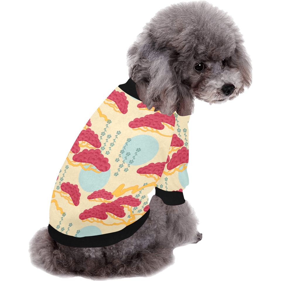 Red Bonsai gray sun japanese pattern All Over Print Pet Dog Round Neck Fuzzy Shirt