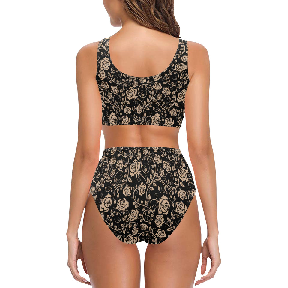 Rose Pattern Print Design 04 Chest Bowknot High Waisted Bikini Swimsuit