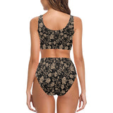 Rose Pattern Print Design 04 Chest Bowknot High Waisted Bikini Swimsuit