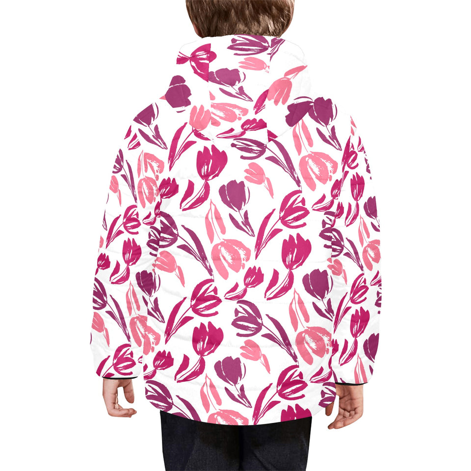 pink sketch tulip pattern Kids' Boys' Girls' Padded Hooded Jacket