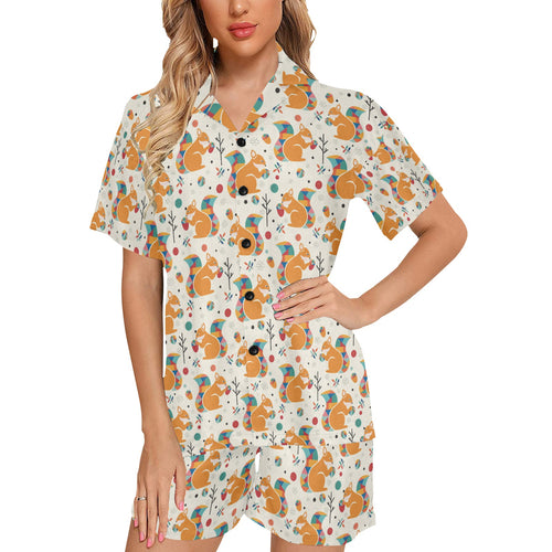 Squirrel Pattern Print Design 04 Women's V-Neck Short Pajama Set