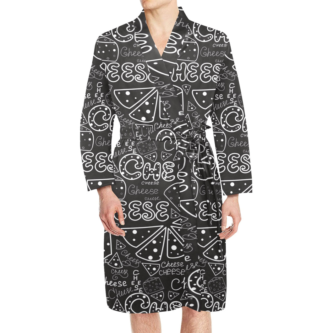 Handwritten cheese pattern Men's Long Sleeve Belted Night Robe