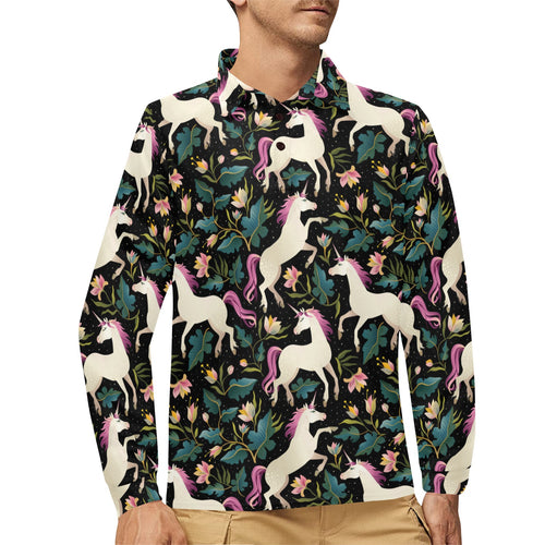 Unicorns forest background Men's Long Sleeve Polo Shirt