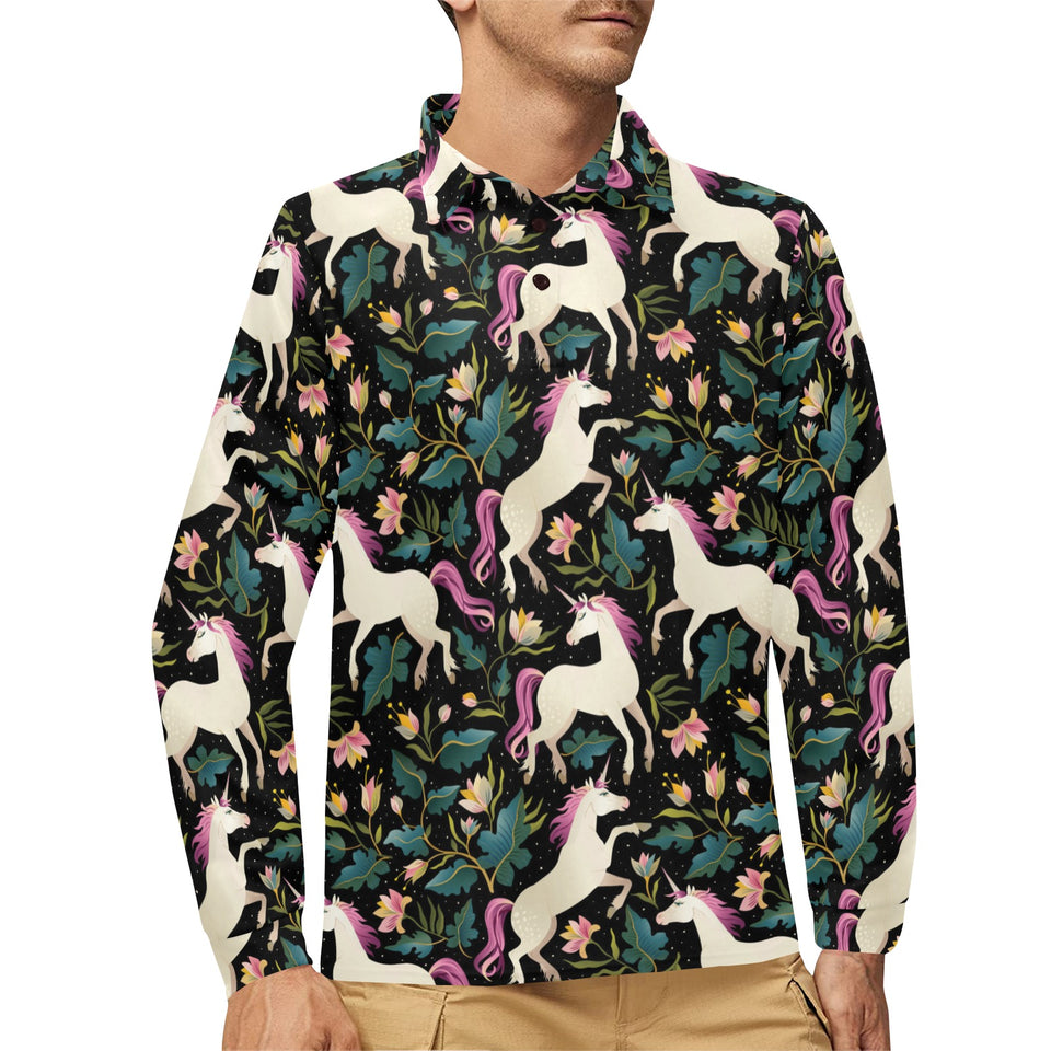 Unicorns forest background Men's Long Sleeve Polo Shirt