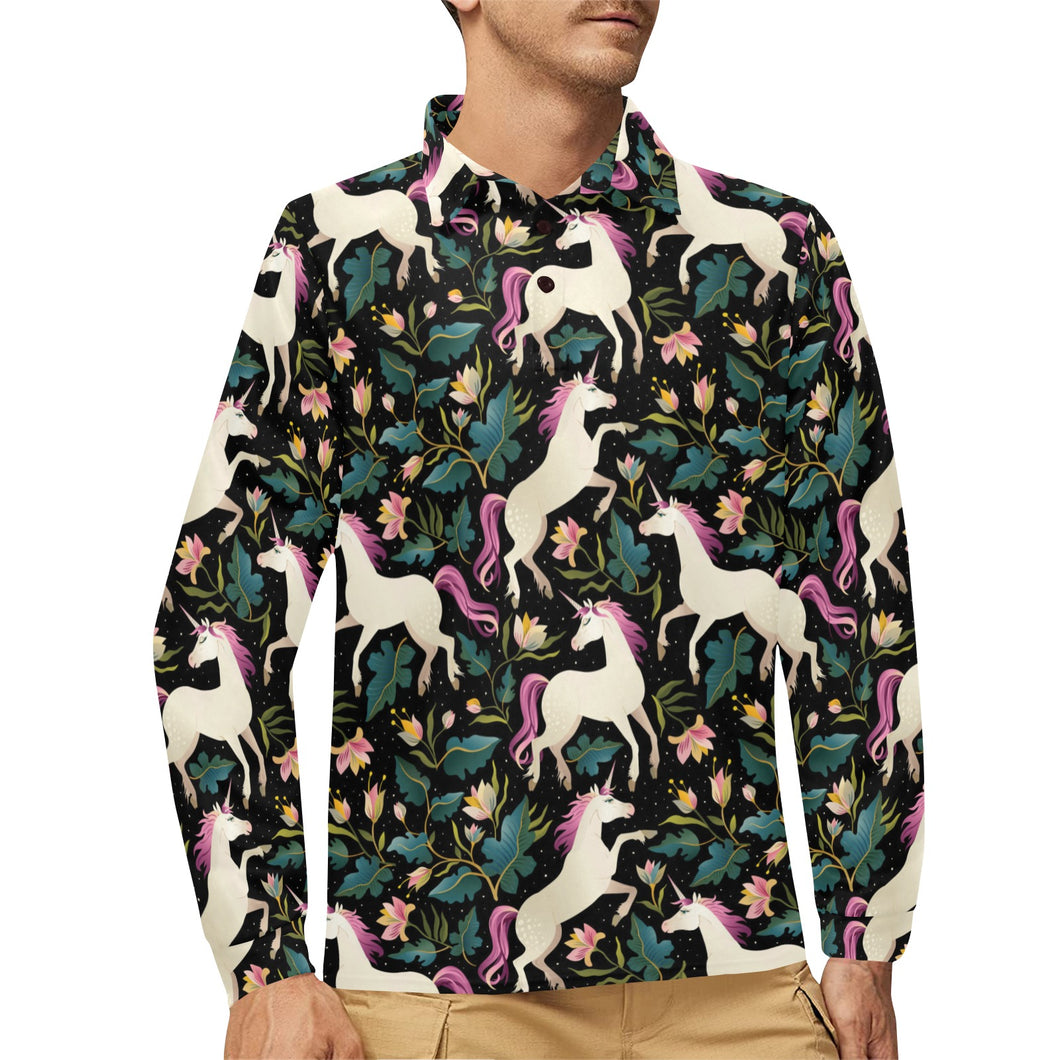 Unicorns forest background Men's Long Sleeve Polo Shirt