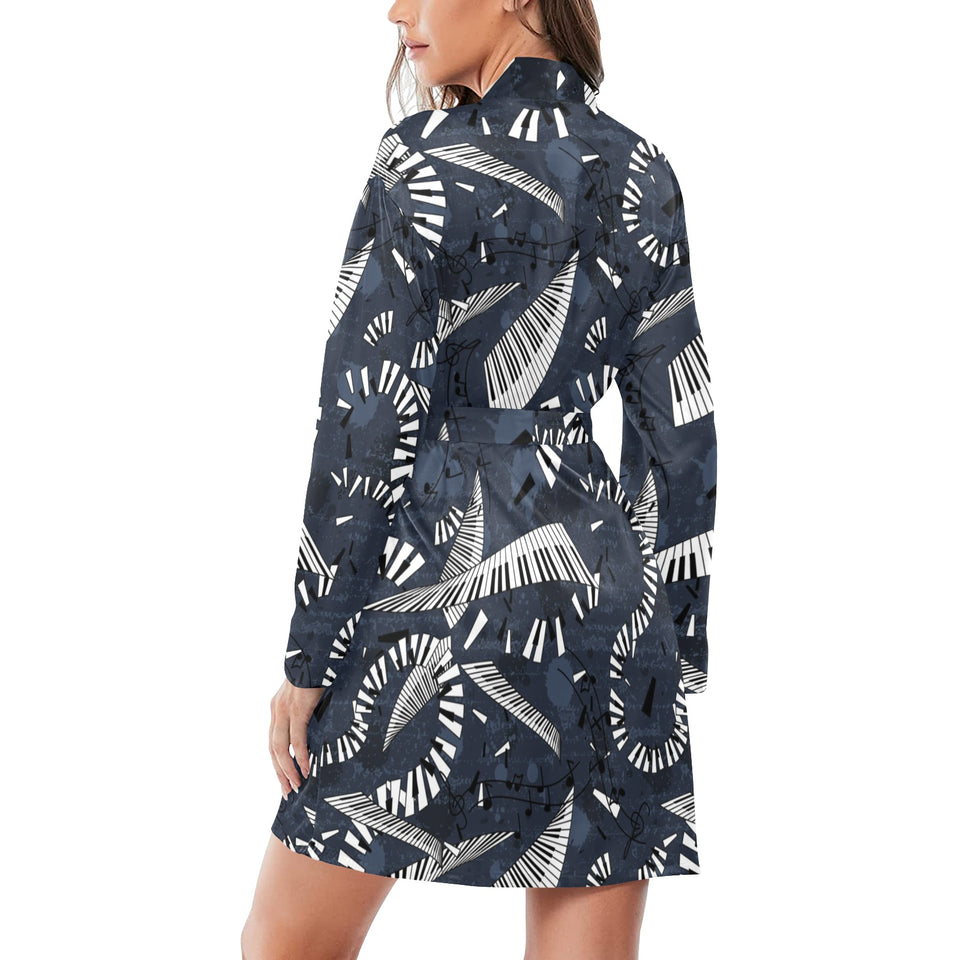 Piano Pattern Print Design 02 Women's Long Sleeve Belted Night Robe
