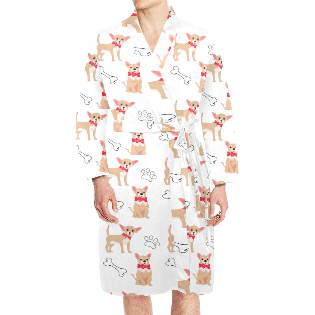 Chihuahua bone paw pattern Men's Long Sleeve Belted Night Robe
