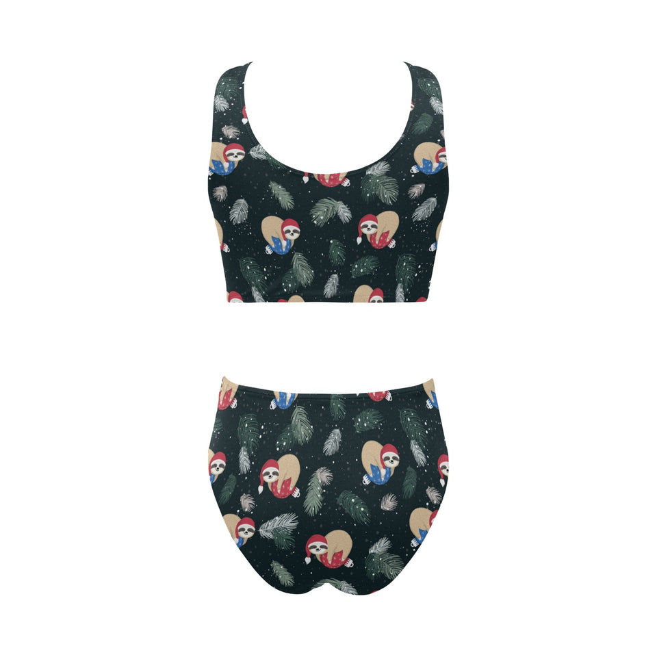 Cute sloths sleeping christmas ball santa hat patt Chest Bowknot High Waisted Bikini Swimsuit