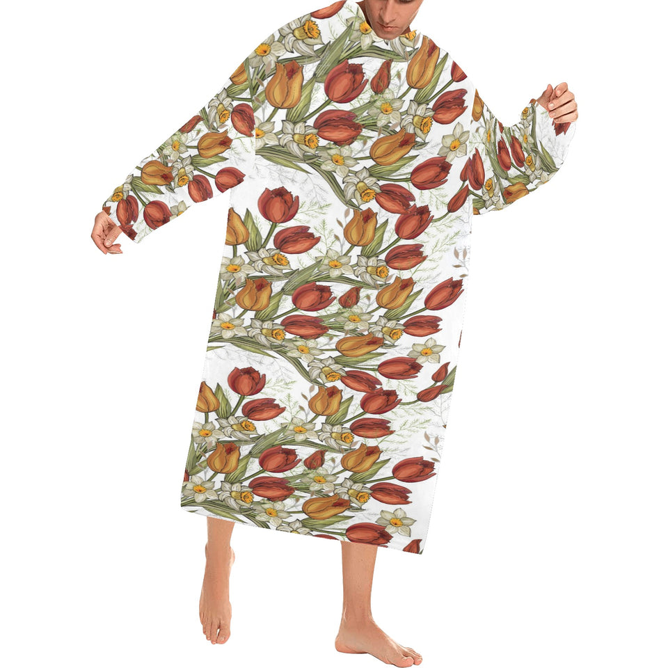 Red tulips and daffodils pattern Blanket Robe with Sleeves