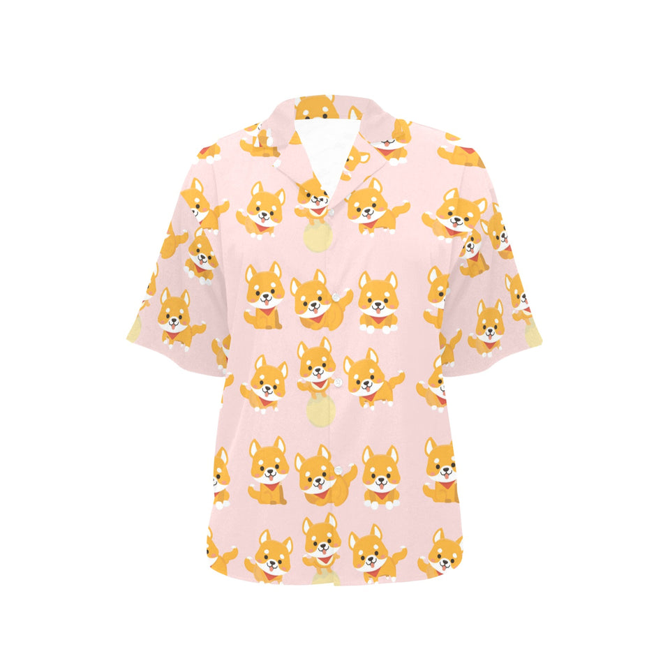 Cute shiba inu dog pattern Women's All Over Print Hawaiian Shirt