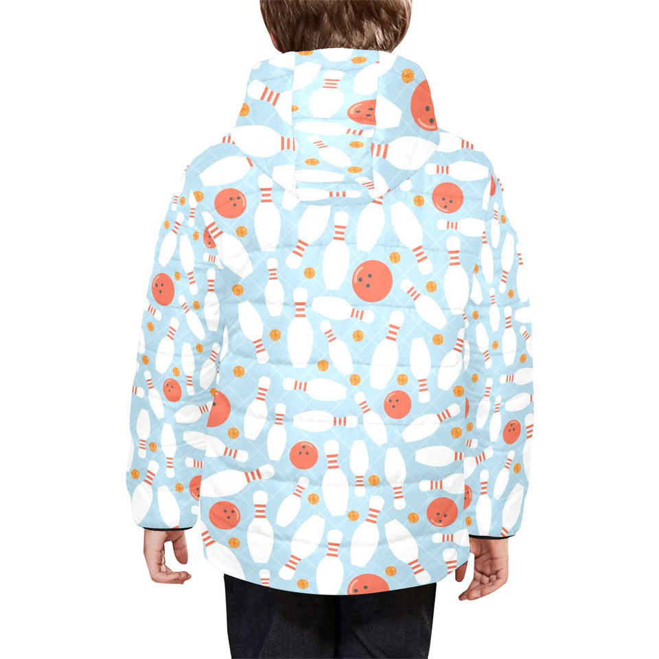 Bowling ball bowling pins blue blackground Kids' Boys' Girls' Padded Hooded Jacket