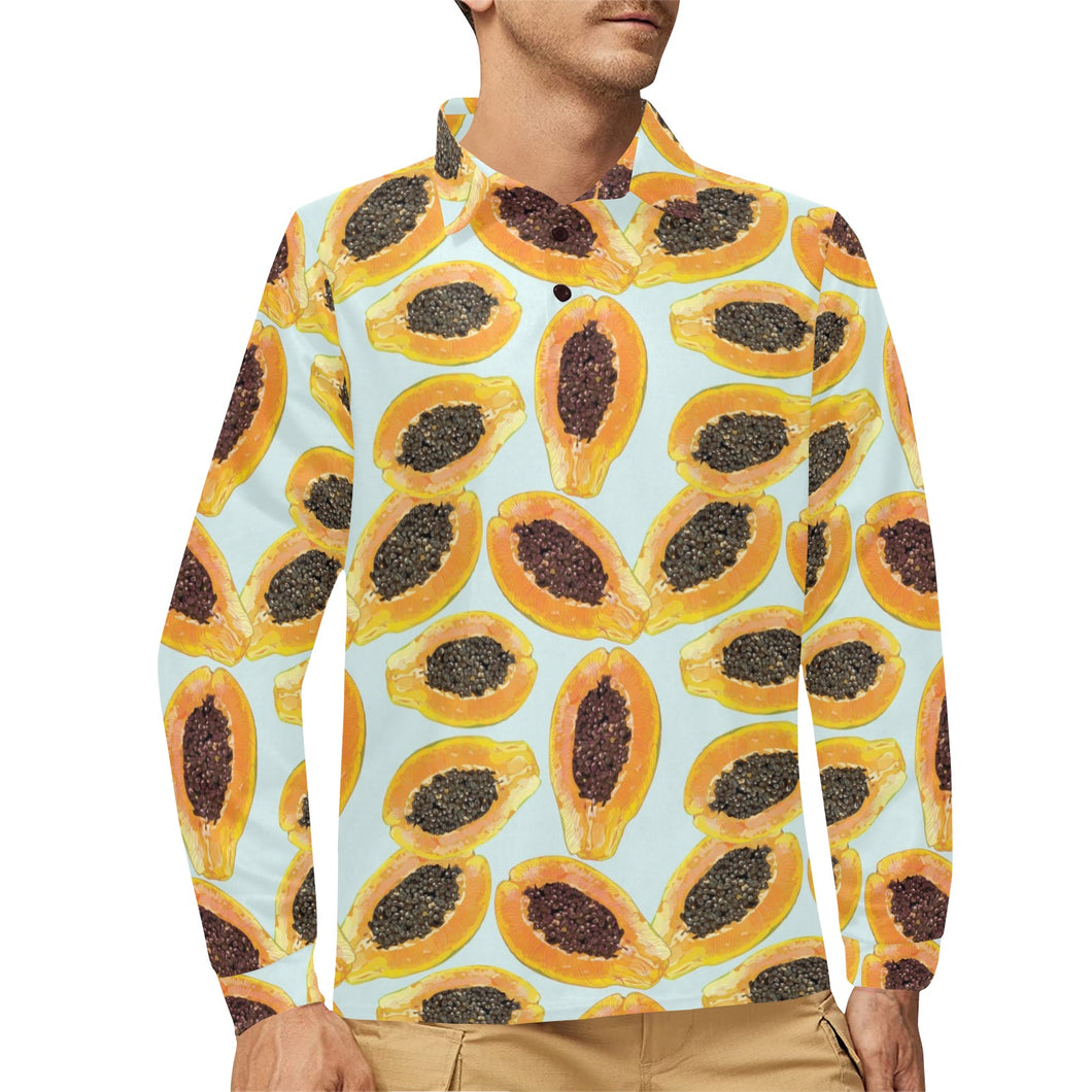 Watercolor papaya pattern Men's Long Sleeve Polo Shirt