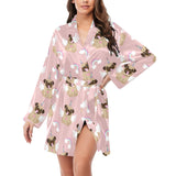 Cute unicorn pug pattern Women's Long Sleeve Belted Night Robe