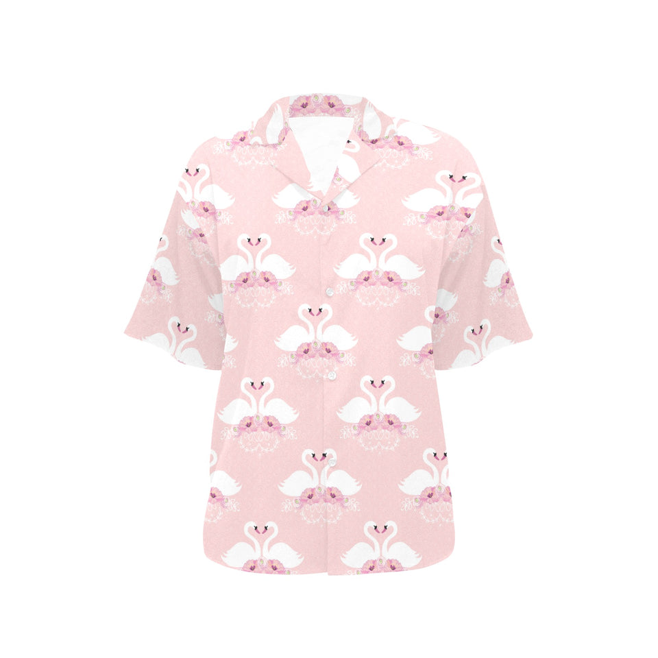 White swan and flower love pattern Women's All Over Print Hawaiian Shirt
