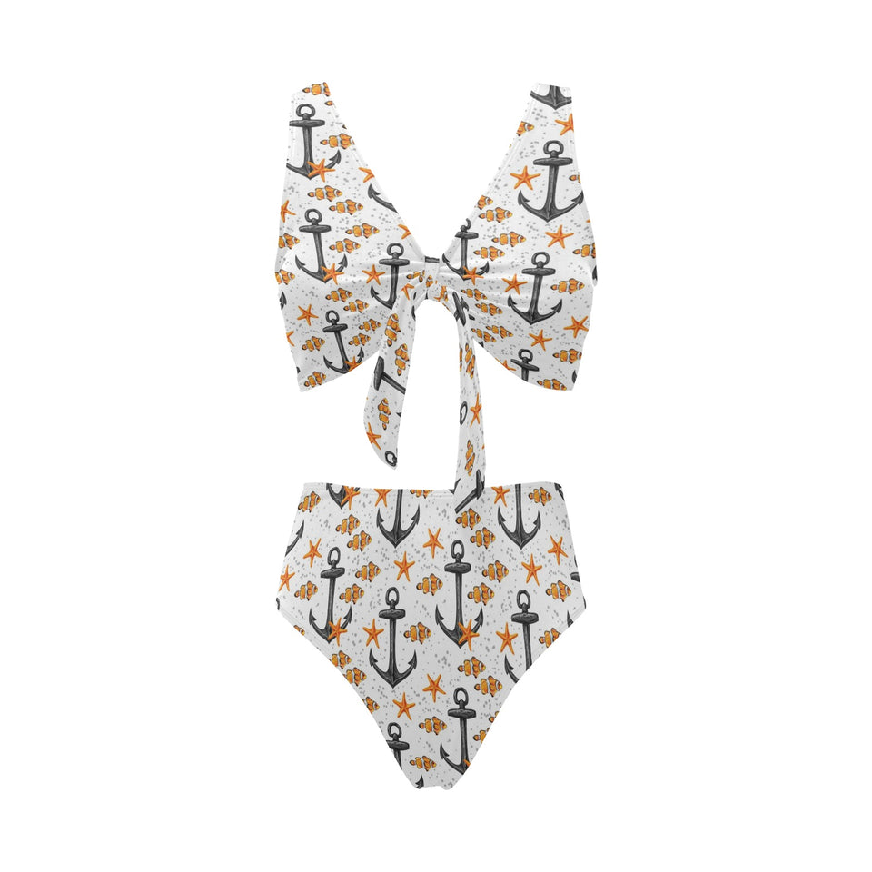 Clown Fish Pattern Print Design 02 Chest Bowknot High Waisted Bikini Swimsuit