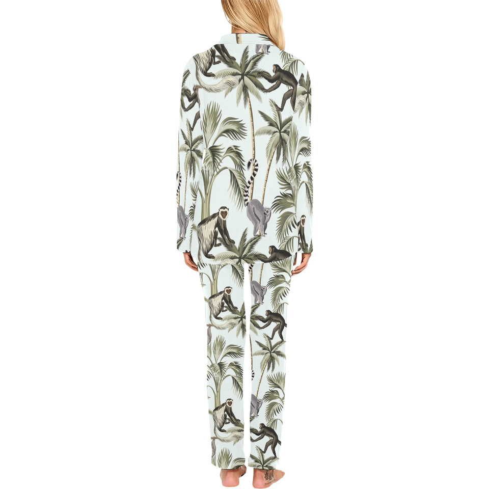 Monkey sloth lemur palm trees pattern Women's Long Pajama Set