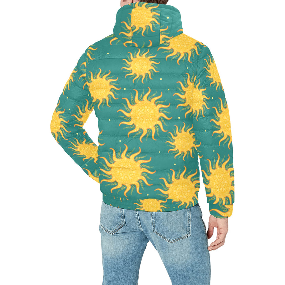 Sun green background Men's Padded Hooded Jacket