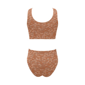Brick Printed Pattern Print Design 02 Chest Bowknot High Waisted Bikini Swimsuit