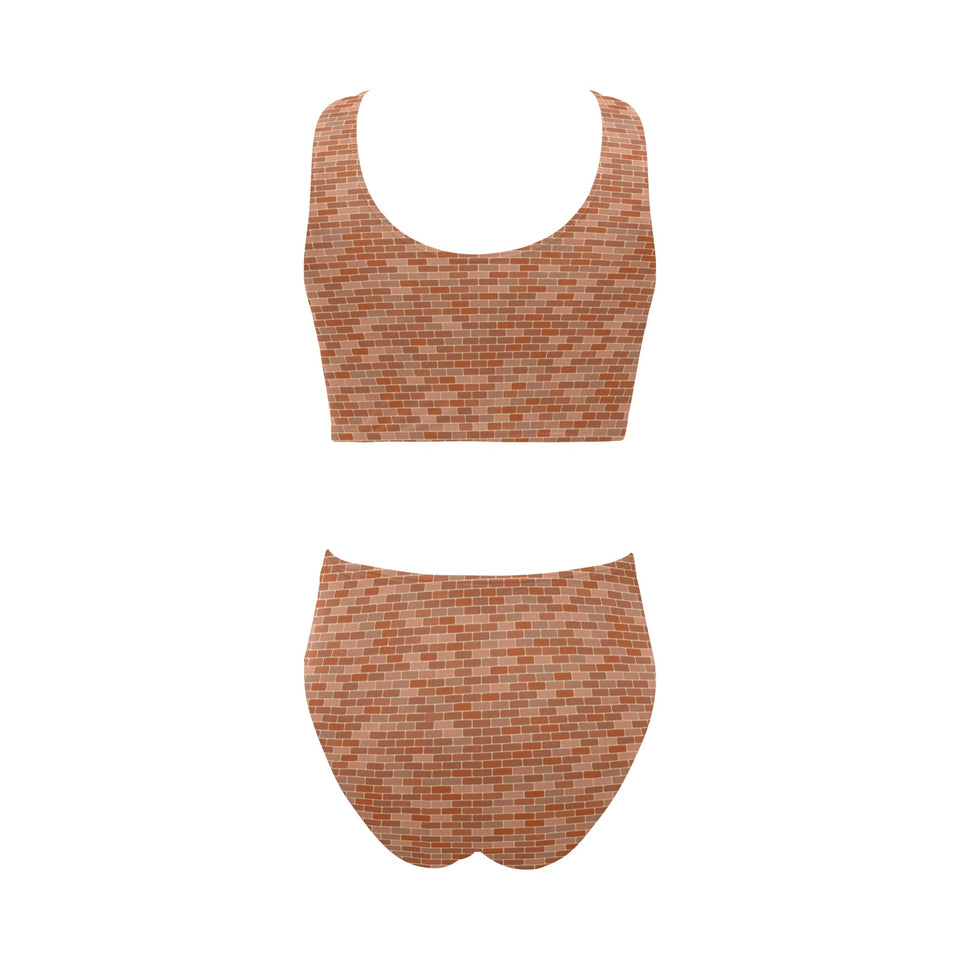 Brick Printed Pattern Print Design 02 Chest Bowknot High Waisted Bikini Swimsuit