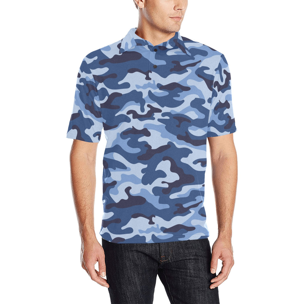 Blue camouflage pattern Men's All Over Print Polo Shirt