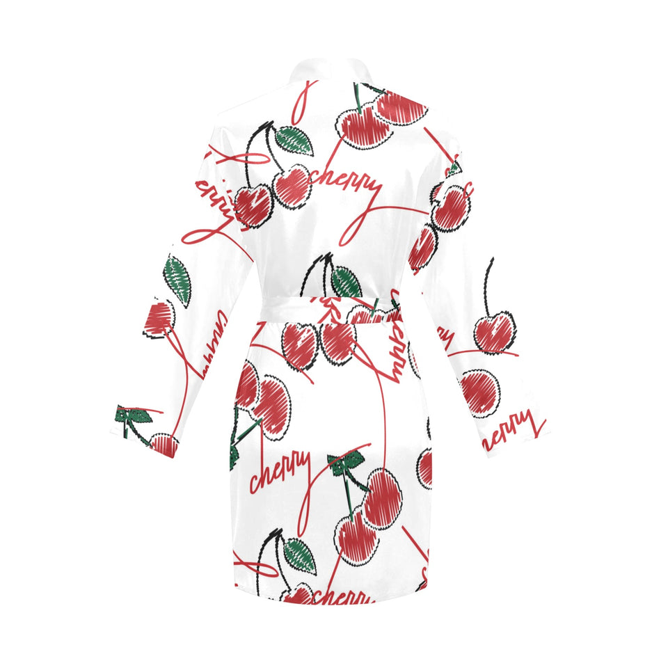 Hand drawn cherry pattern Women's Long Sleeve Belted Night Robe