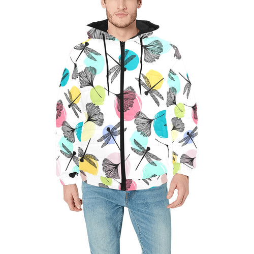 Dragonflies ginkgo leaves pattern Men's Padded Hooded Jacket