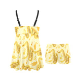 Saxophone cornet pattern yellow background Chest Sexy Pleated Two Piece Swim Dress