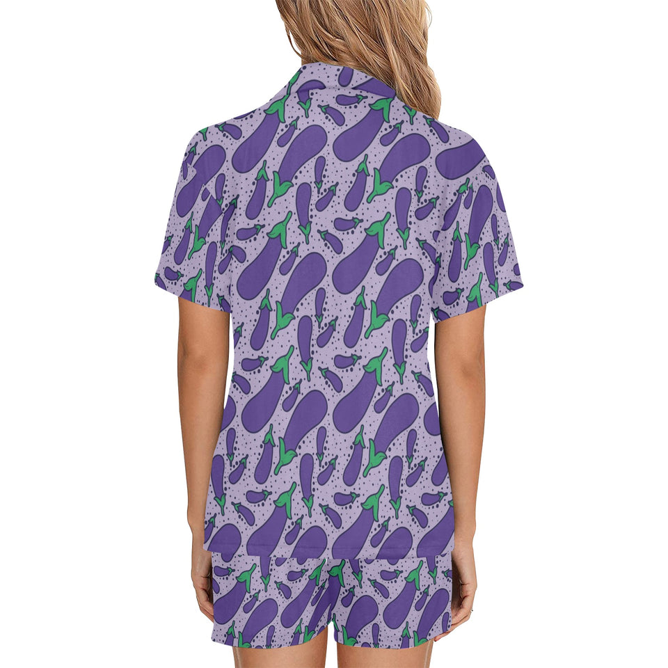 Eggplant Pattern Print Design 03 Women's V-Neck Short Pajama Set