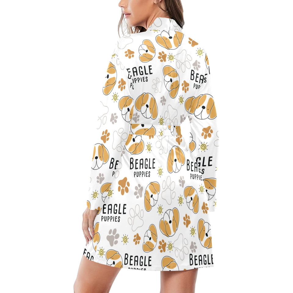 Cute beagle dog pattern background Women's Long Sleeve Belted Night Robe