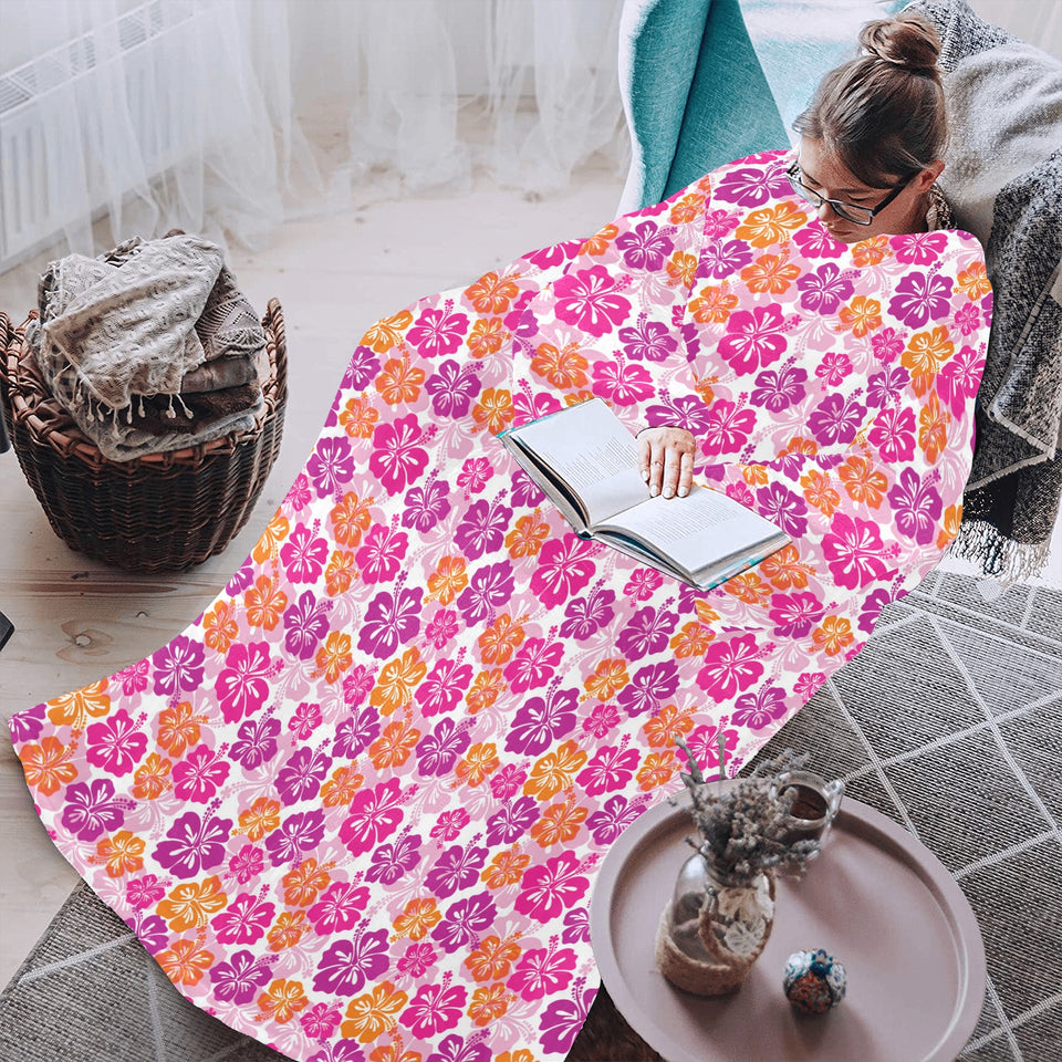 Hibiscus Pattern Print Design 01 Blanket Robe with Sleeves