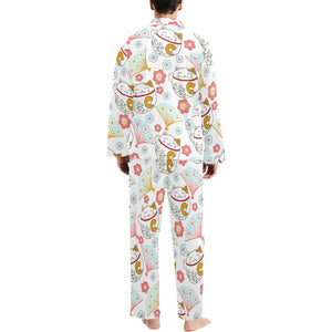 Maneki neko cat fan sakura Men's Long Pajama Set