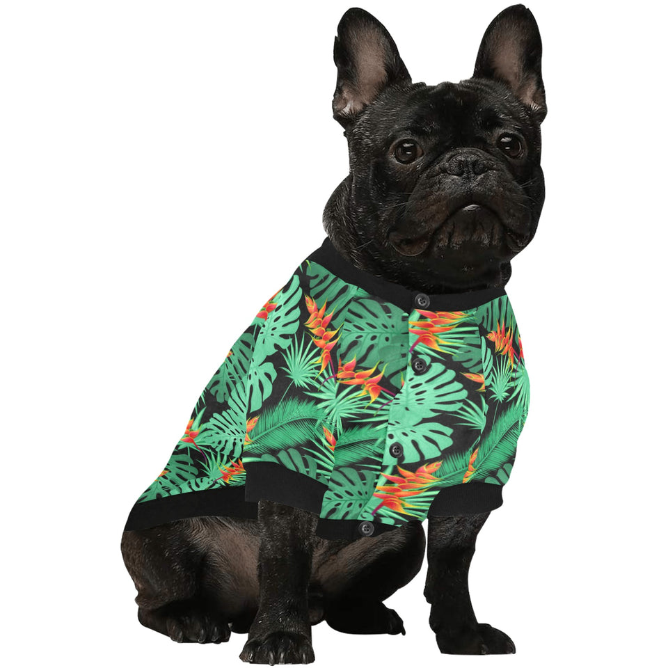 heliconia flower palm monstera leaves black backgr All Over Print Pet Dog Round Neck Fuzzy Shirt