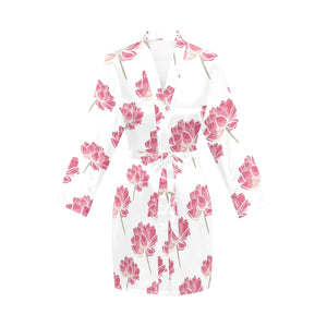 Pink lotus waterlily pattern Women's Long Sleeve Belted Night Robe