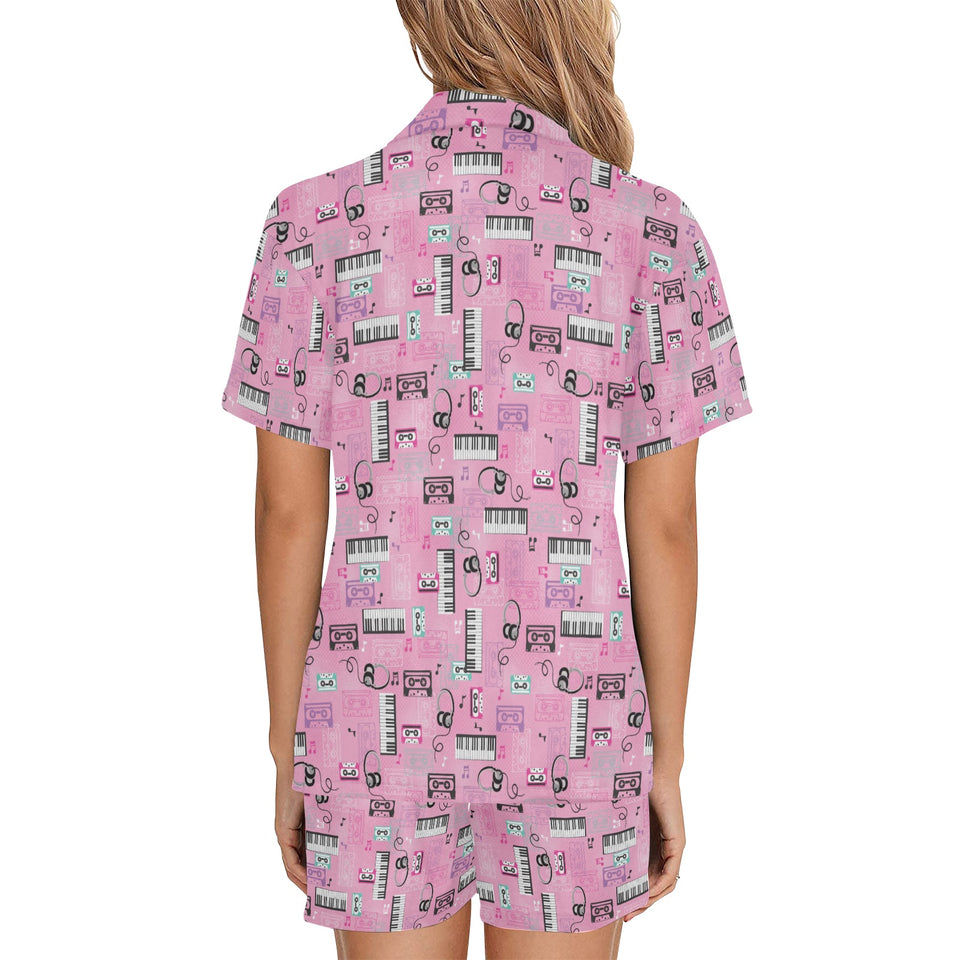 Piano Pattern Print Design 01 Women's V-Neck Short Pajama Set