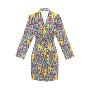 Cute yellow monkey leaves pattern Women's Long Sleeve Belted Night Robe