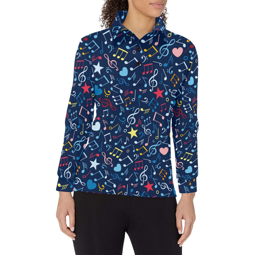 Music Notes Pattern Print Design 03 Women's Long Sleeve Polo Shirt
