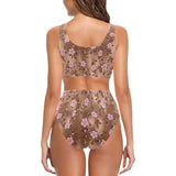 Pink sakura cherry blossom drak brown background Chest Bowknot High Waisted Bikini Swimsuit