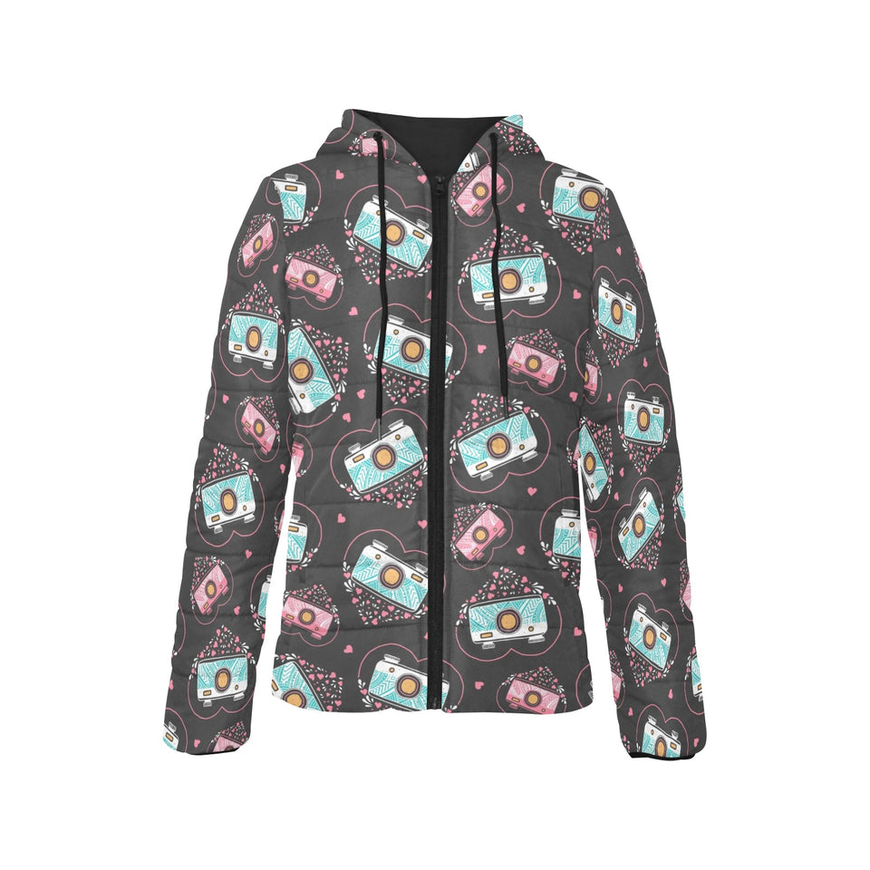 Camera Pattern Print Design 04 Women's Padded Hooded Jacket