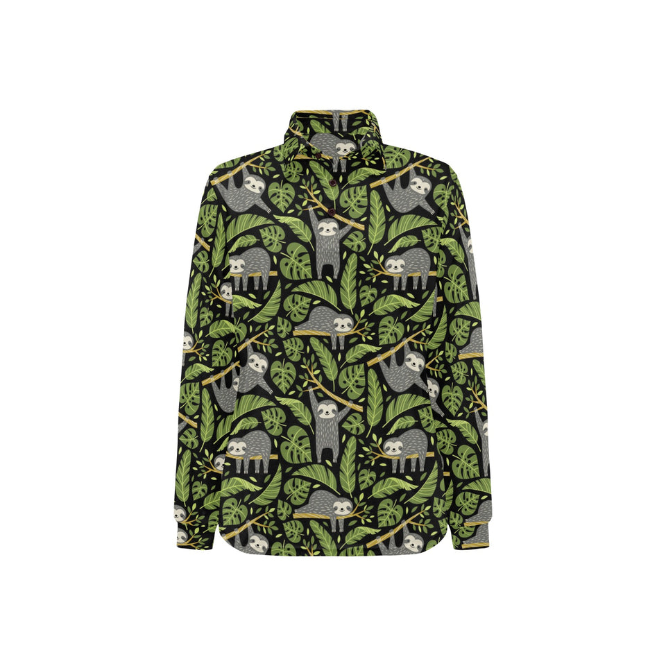 Cute sloths tropical palm leaves black background Women's Long Sleeve Polo Shirt