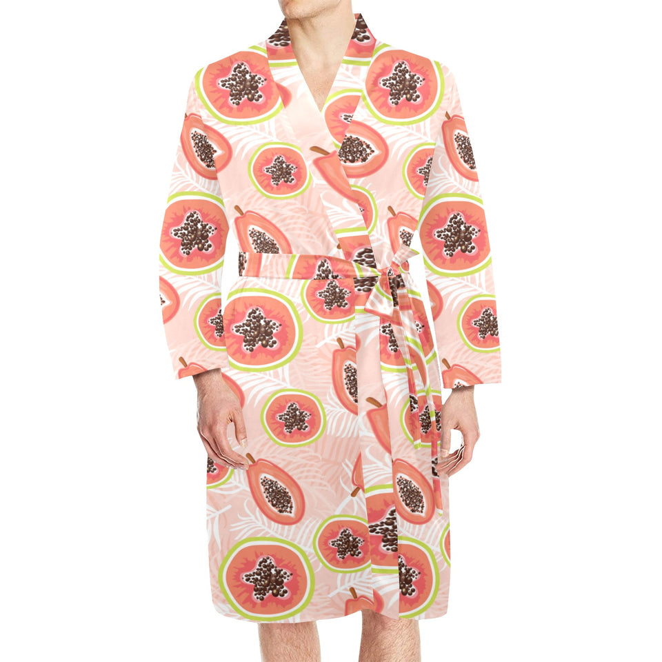 papaya leaves pattern Men's Long Sleeve Belted Night Robe