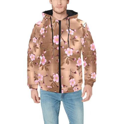 Pink sakura cherry blossom drak brown background Men's Padded Hooded Jacket