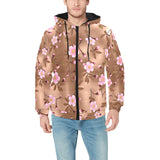 Pink sakura cherry blossom drak brown background Men's Padded Hooded Jacket