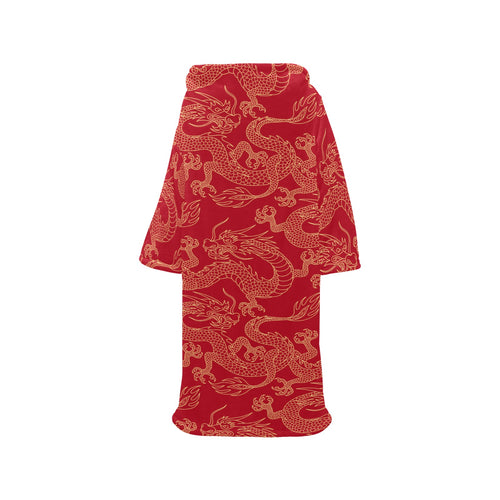 Gold dragons red background Blanket Robe with Sleeves