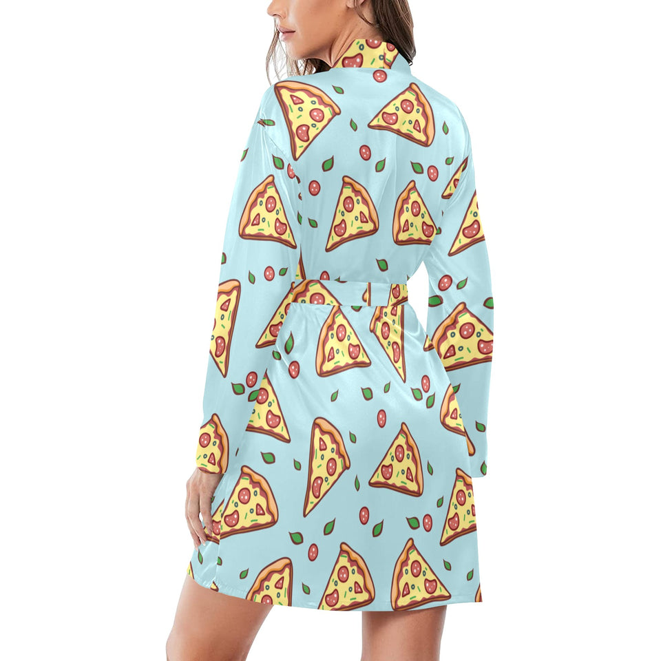 Hand drawn pizza blue background Women's Long Sleeve Belted Night Robe