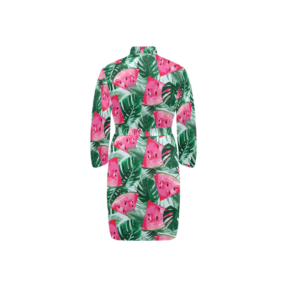 Watermelons tropical palm leaves pattern Men's Long Sleeve Belted Night Robe