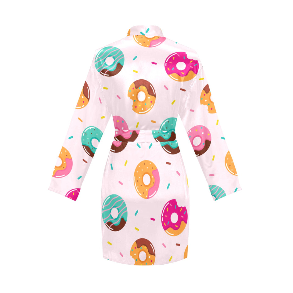 Donut pattern glaze pink background Women's Long Sleeve Belted Night Robe